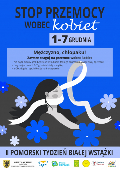 Plakat przedstawia kobietę ze wstążką przewiązaną na ustach, niebieskie tło, oraz napis "STOP PRZEMOCY WOBEC KOBIET", zaproszenie mężczyzn do udziału w II pomorskim tygodniu białej wstążki w celu zapobiegania przemocy wobec kobiet.